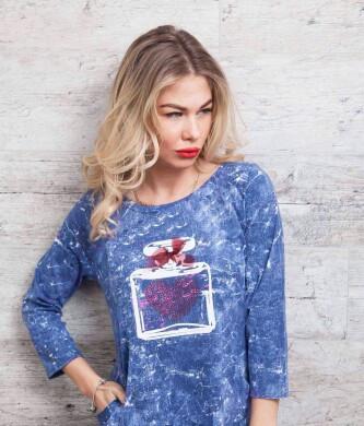 BLUE COTTON FASHION WOMEN TOP WITH BOTTLE PARFUM AND POCKETS 