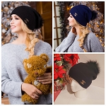 BLACK WOOL DESIGNER FASHION WOMEN HAT WITH POMPO ***