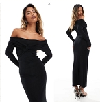 ASOS DESIGN OFF SHOULDER TWIST MIDI DRESS WITH LONG SLEEVES IN BLACK 