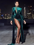  ZEENAIDA EMERALD GREEN CUTOUT HIGH SLIT VELVET GOWN 