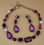VINTAGE OSCAR DE LA RENTA RUBY RED CRYSTAL FAUX PEARL STATEMENT NECKLACE DROP EARRINGS SET 