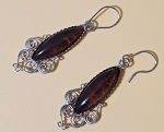 VINTAGE DARK AMBER NAVETTE DROP EARRINGS WITH STERLING SILVER FILIGREE LOOK 