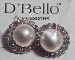 D'BELLO FAUX PEARL STUD EARRINGS WITH MULTI-COLORED RHINESTONE HALO, GOLD TONE 