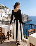 ELEGANT BLACK & BEIGE COLORBLOCK MAXI DRESS LONG SLEEVE FLARED PARTY GOWN