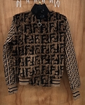 WOMEN'S BROWN BLACK BOMBER JACKET FAUX FUR GEOMETRIC PRINT 