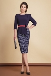 DARK DESIGNER DARK BLUE WITH WHITE DOTS AND RED BELT WOMEN DRESS 89