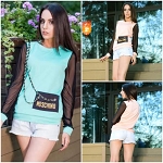 MOSCHINO GREEN OR PINK FASHION WOMEN TOP WITH CHAIN AND LACE  