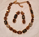 VINTAGE AUTHENTIC OSCAR DE LA RENTA CRYSTAL NECKLACE EARRINGS SET TOPAZ SMOKY STATEMENT RUNWAY JEWELRY MADE IN USA