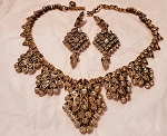 VINTAGE OSCAR DE LA RENTA CLEAR CRYSTAL STATEMENT NECKLACE EARRINGS SET ANTIQUE GOLD TONE CHANDELIER RUNWAY JEWELRY MADE IN USA  1990S 