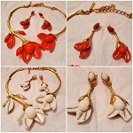 VINTAGE OSCAR DE LA RENTA CORAL RED ENAMEL FLOWER NECKLACE & EARRINGS SET GOLD TONE CRYSTAL RHINESTONES STATEMENT JEWELRY MADE IN USA 1980S 