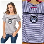 STRIPES FASHION WOMEN TOP WITH CAT FACE DECOR 