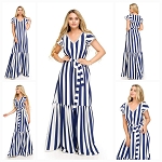 SUMMER BEAUTIFUL BLUE WHITE STRIPES LONG WOMEN DRESS # 175