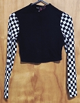 SHEIN BLACK CROP WOMEN TOP WITH CHECKERBOARD PRINT LONG SLEEVES 