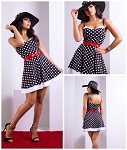 BLACK DRESS WITH WHITE DOTS AND RED BELT # 139