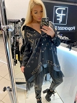 BLACK SHIFFON WOMEN DRESS WITH LEATHER DECOR, RHINESTONES PAPARAZZI FASHION (7982)