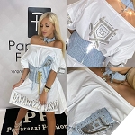 SUMMER WHITE WOMEN DRESS WITH JEANS BELT AND NECKLACE PAPARAZZI FASHION 