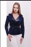 DARK BLUE FASHION DESIGNER WOMEN LEATHER AND WOOL JACKET WITH BELT