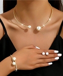 JEWELRY SET-PEARL & RHINESTONE CHOKER NECKLACE,  BANGLE AND STUD EARRINGS 